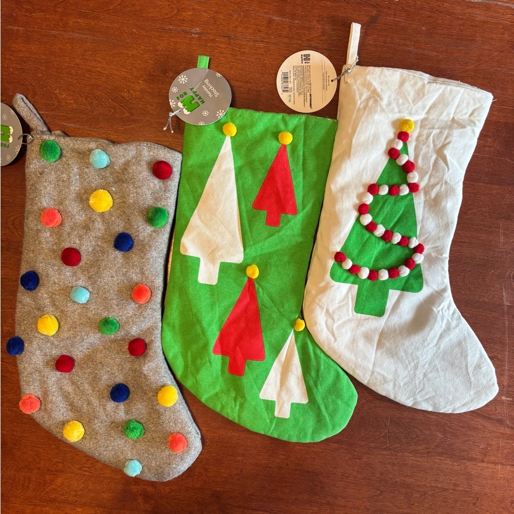 Bed Bath & Beyond Gray Stocking with Colorful Pom-Poms NWT set of 3